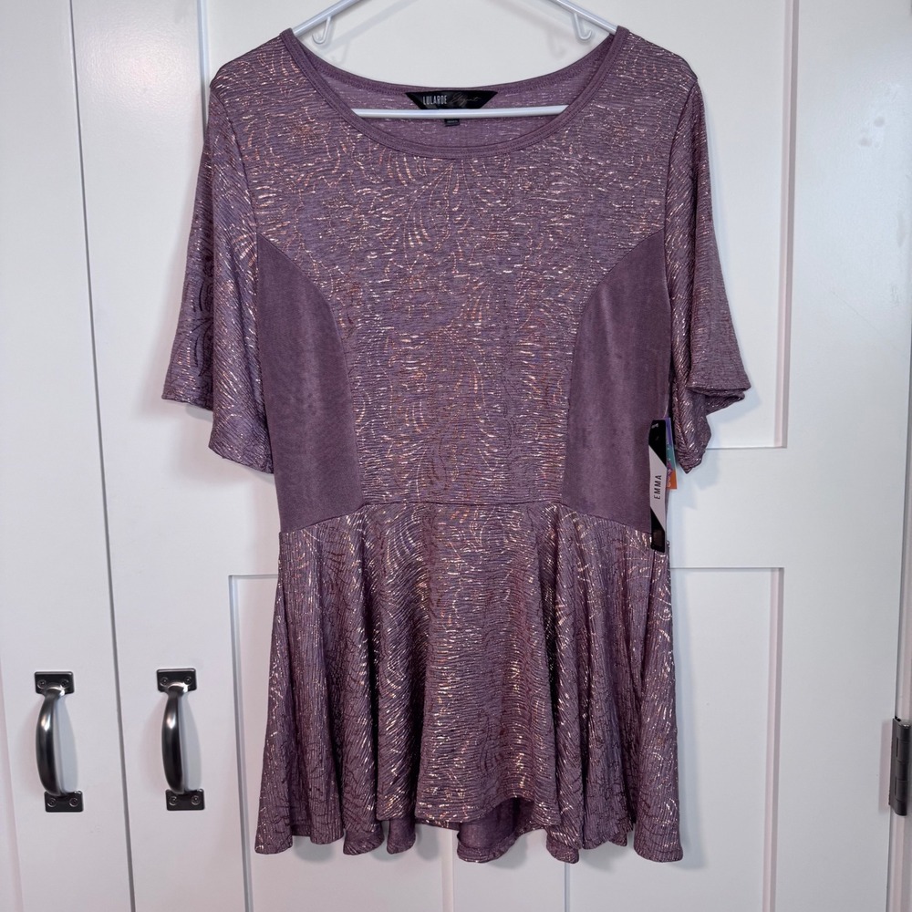 NWT LuLaRoe Emma Women's Elegant Peplum Tunic Top Mauve Gold Metallic Size Small